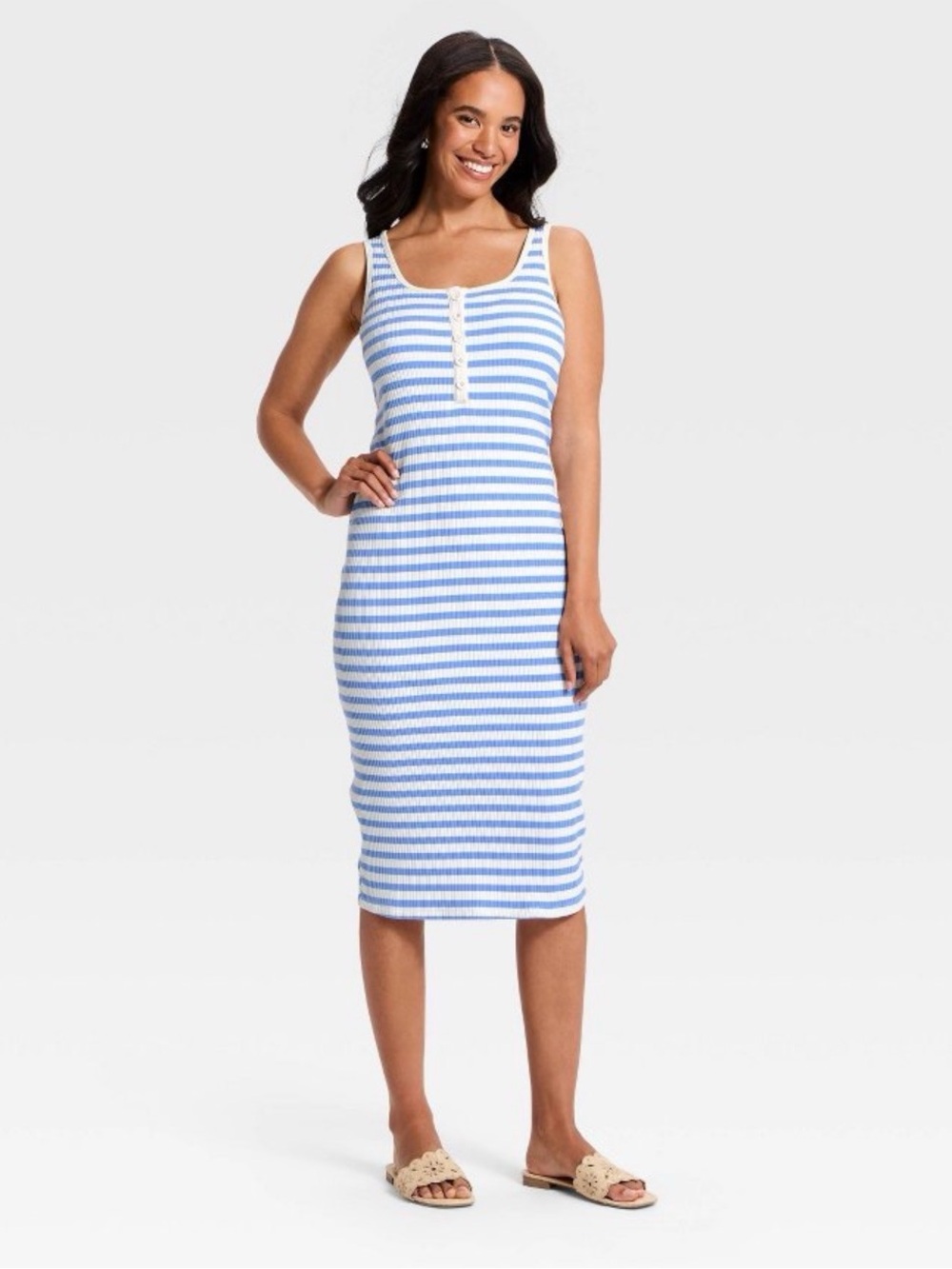 a new day Blue and White Striped Ribbed Midi Dress
